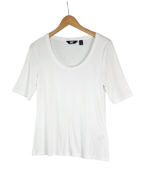 Lands' End Women's White Rib Knit Scoop Neck Elbow Sleeve Top Med Basic Tee